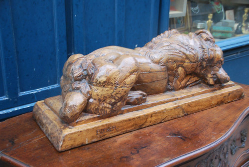 Large Wooden Sculpture Representing A Dog Signed De Bucher