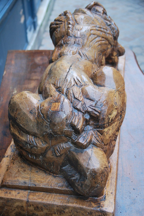 Large Wooden Sculpture Representing A Dog Signed De Bucher