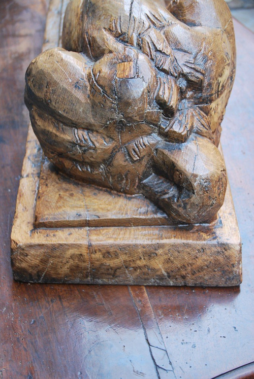 Large Wooden Sculpture Representing A Dog Signed De Bucher