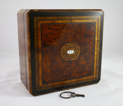 Inlaid wooden box and its key, Napoleon III period, late 19th century