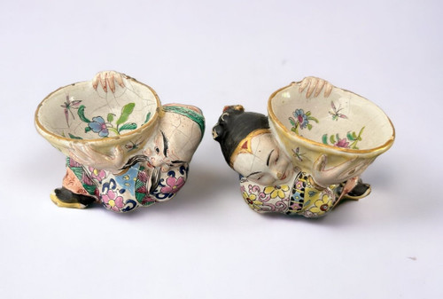 Rare Pair Of Chinese Salerons In Delft Polychrome Earthenware from the 19th Century