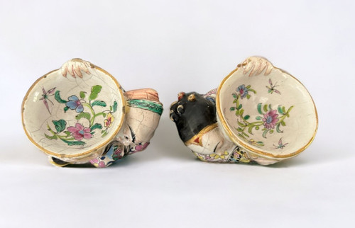 Rare Pair Of Chinese Salerons In Delft Polychrome Earthenware from the 19th Century