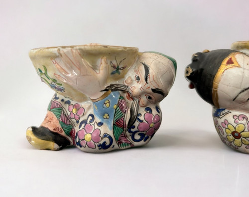 Rare Pair Of Chinese Salerons In Delft Polychrome Earthenware from the 19th Century