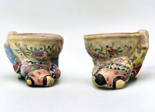 Rare Pair Of Chinese Salerons In Delft Polychrome Earthenware from the 19th Century