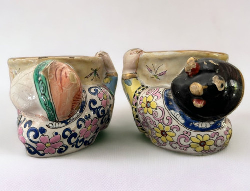 Rare Pair Of Chinese Salerons In Delft Polychrome Earthenware from the 19th Century