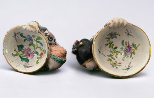 Rare Pair Of Chinese Salerons In Delft Polychrome Earthenware from the 19th Century