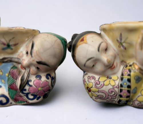 Rare Pair Of Chinese Salerons In Delft Polychrome Earthenware from the 19th Century