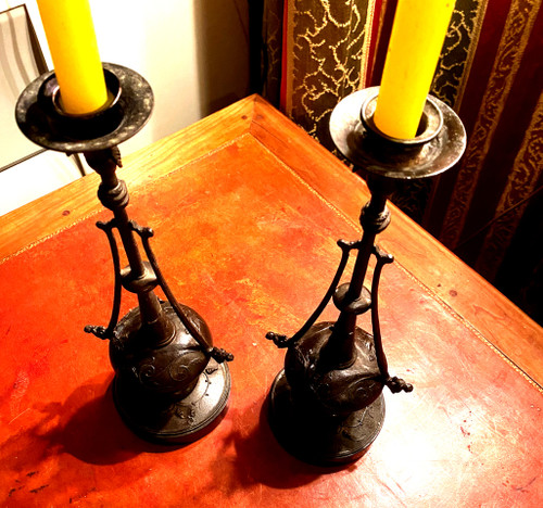  Decorative Pair of patinated cast iron candlesticks with antique Napoleon III Carrara black marble base