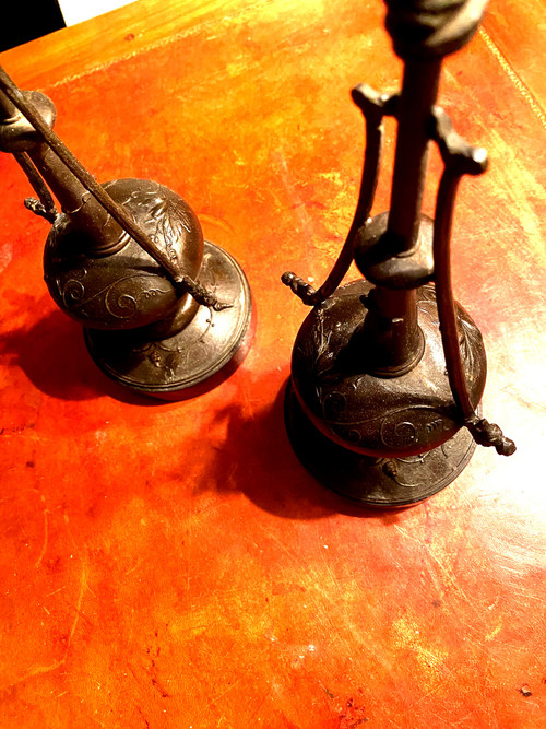  Decorative Pair of patinated cast iron candlesticks with antique Napoleon III Carrara black marble base