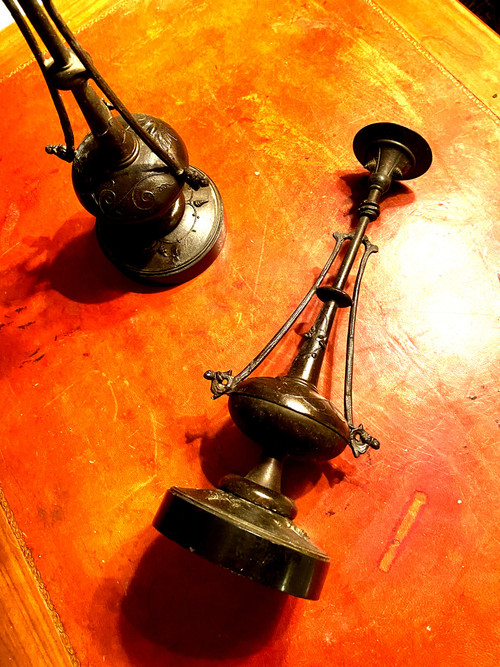  Decorative Pair of patinated cast iron candlesticks with antique Napoleon III Carrara black marble base