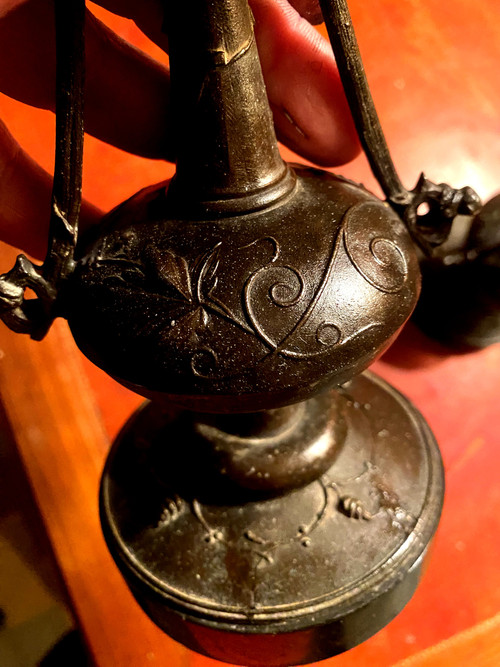  Decorative Pair of patinated cast iron candlesticks with antique Napoleon III Carrara black marble base