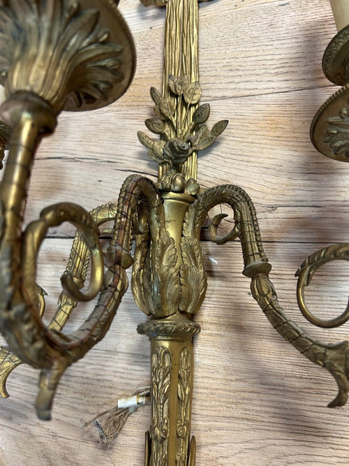 Grande Paire D’appliques De Style Louis XVI En Bronze Doré d’époque Napoléon  III - H 69 cm