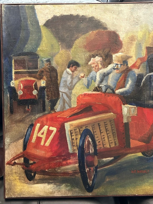 Les Vielles Voitures - Oil On Canvas Tableau De J Mint - Renault 1902