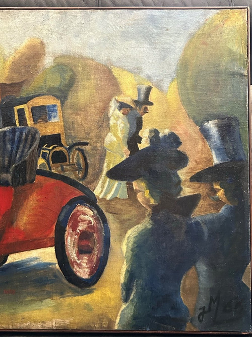 Les Vielles Voitures - Oil On Canvas Tableau De J Mint - Renault 1902