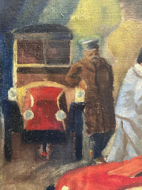 Les Vielles Voitures - Oil On Canvas Tableau De J Mint - Renault 1902