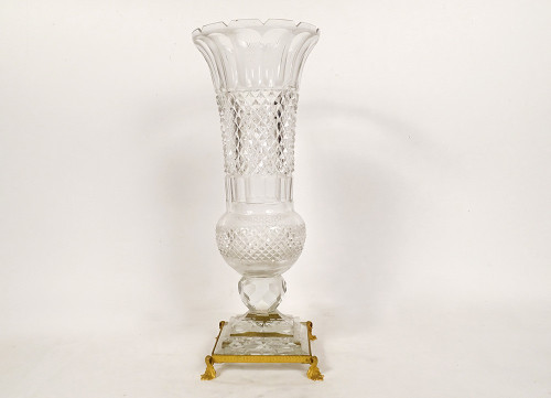 Large Medici Vase Cut Crystal Diamond Points Gilt Bronze 20th Century