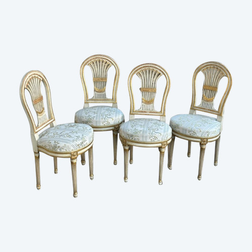 Suite De Quatre Chaises Montgolfières De Style Louis XVI - Bois Laqué Et Doré