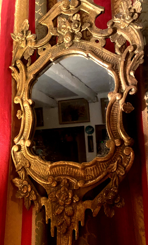 Beautiful cartridge mirror between two in gilded wood, Louis XV style, openwork period late 18th century