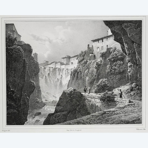 Tivoli Waterfall After Coignet 19th Lithograph Langlumé Old Print