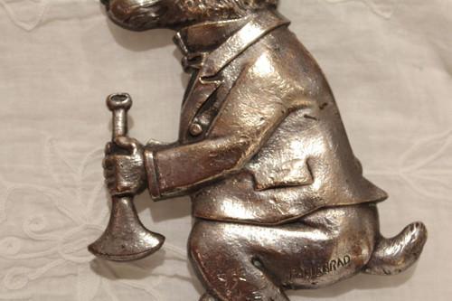 Silvered bronze plaque 'Rabbit with bugle' signed M. Podiebrad circa 1920-1930