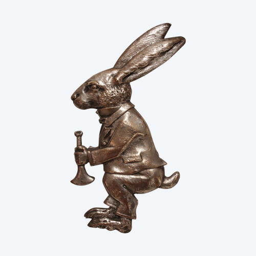 Silvered bronze plaque 'Rabbit with bugle' signed M. Podiebrad circa 1920-1930