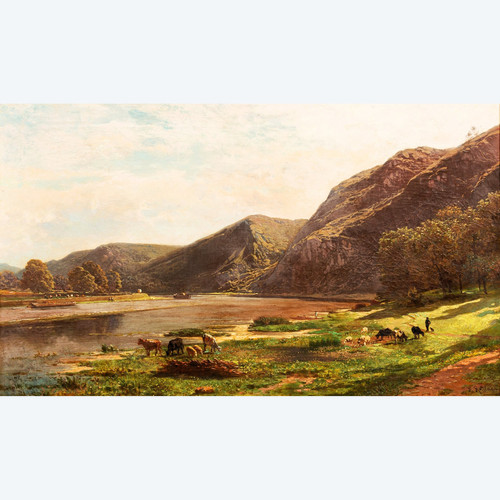 Au bord de la Meuse près de Waulsort par François Roffiaen (1820-1898) Huile sur toile