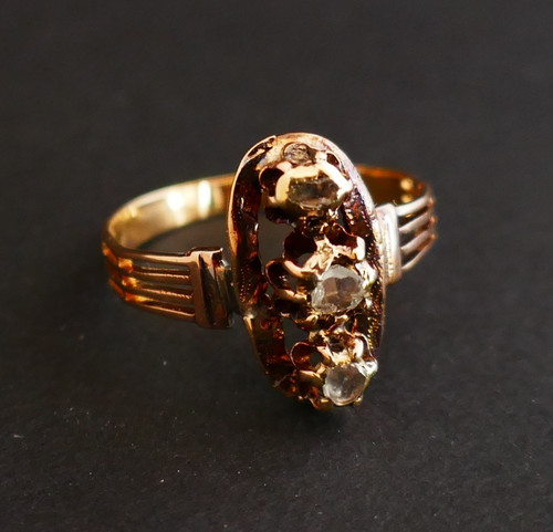 Old Ring Set With 3 Rose Cut Diamonds, Horse Head Hallmark, 18 Carat Rose Gold.