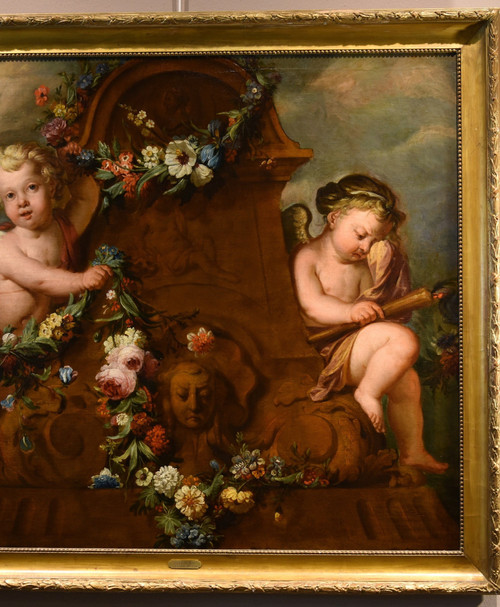 Jacob De Wit (amsterdam, 1695 - 1754), Pair Of Cupids With Garland Of Flowers