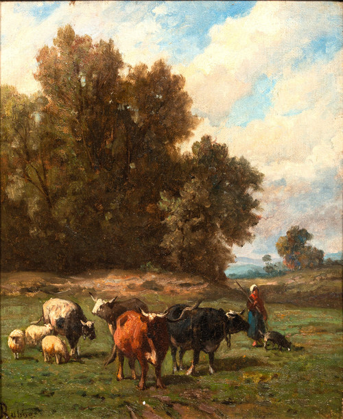 Shepherdess at the edge of the forest oil on canvas by Louis Robbe