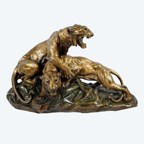 Bronze group "Combat de Tigres", signed E. Drouot - Late 19th century