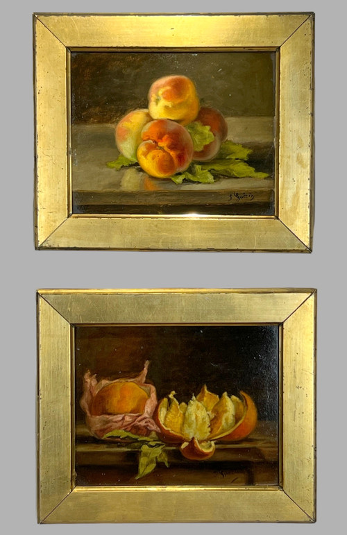 PAIR OF PAINTINGS /HUILES SUR CARTON /SIGNED J.GUERIN "NATURE MORTE AUX FRUITS