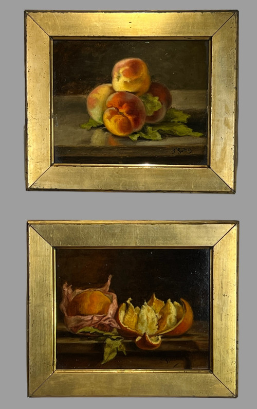 PAIR OF PAINTINGS /HUILES SUR CARTON /SIGNED J.GUERIN "NATURE MORTE AUX FRUITS