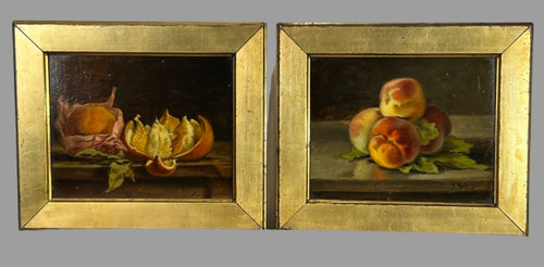 PAIR OF PAINTINGS /HUILES SUR CARTON /SIGNED J.GUERIN "NATURE MORTE AUX FRUITS