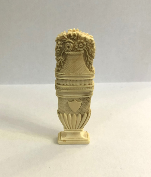 Antique needle case in carved ivory depicting a flower pot 18th - 19th century