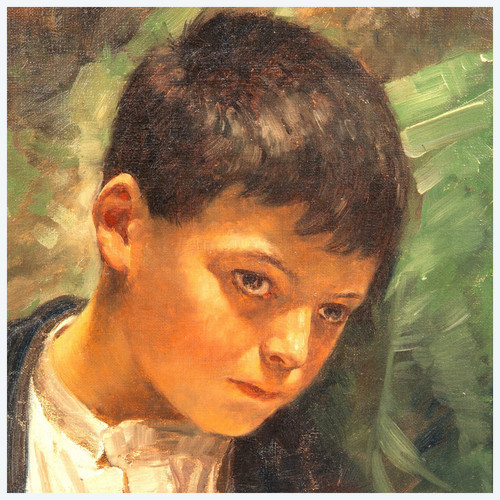 Study head of nostalgia, portrait of a melancholy-looking boy in a white shirt.