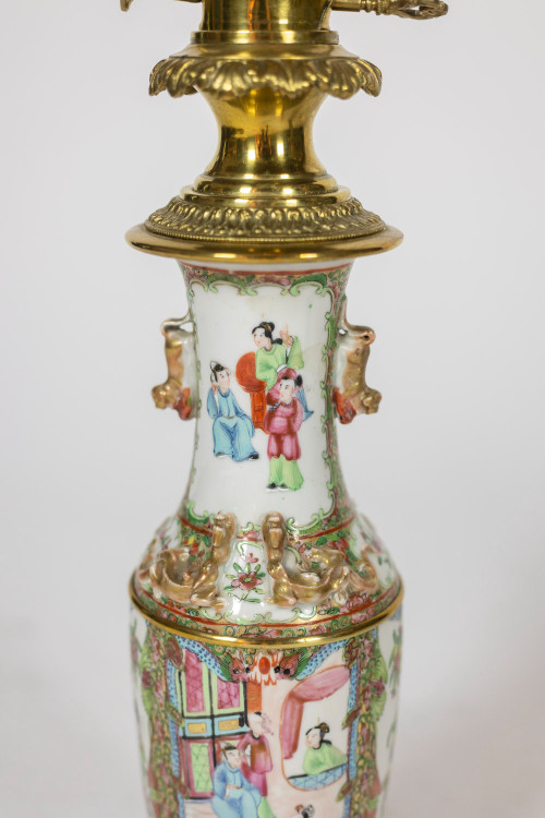 Pair of Canton porcelain and bronze lamps. Circa 1880.