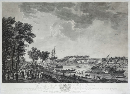 Incisione Marine Vue Du Port De Bayonne Di Cochin e Le Bas dopo J. Vernet XVIII secolo