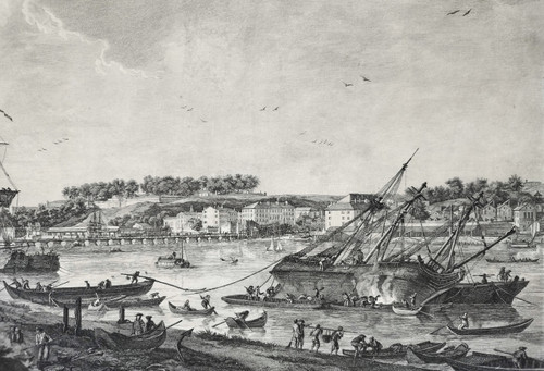 Incisione Marine Vue Du Port De Bayonne Di Cochin e Le Bas dopo J. Vernet XVIII secolo