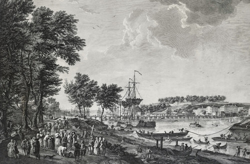 Incisione Marine Vue Du Port De Bayonne Di Cochin e Le Bas dopo J. Vernet XVIII secolo