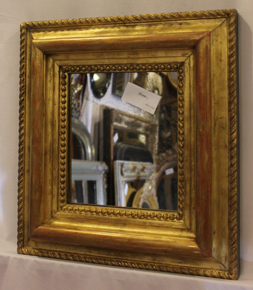 Antique Gilded And Beaded Mirror, Square Format, Glace Mercure 43 X47 Cm