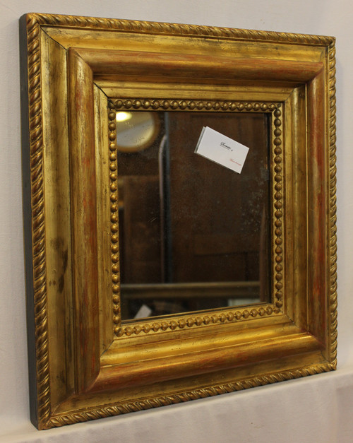 Antique Gilded And Beaded Mirror, Square Format, Glace Mercure 43 X47 Cm