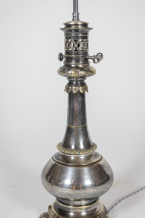 Pair of metal and silver-plated bronze lamps. Circa 1880