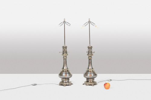 Pair of metal and silver-plated bronze lamps. Circa 1880