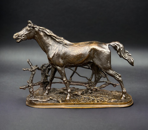 PIERRE JULES MÊNE BRONZE SCULPTURE "CHEVAL A LA BARRIERE DJINN ÉTALON BARBE