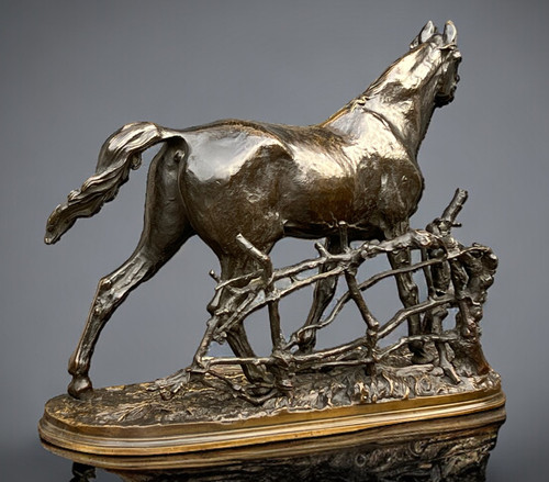 PIERRE JULES MÊNE BRONZE SCULPTURE "CHEVAL A LA BARRIERE DJINN ÉTALON BARBE