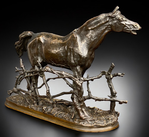 PIERRE JULES MÊNE BRONZE SCULPTURE "CHEVAL A LA BARRIERE DJINN ÉTALON BARBE