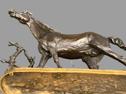 PIERRE JULES MÊNE BRONZE SCULPTURE "CHEVAL A LA BARRIERE DJINN ÉTALON BARBE