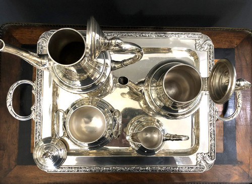 CHRISTOFLE 4-piece silver-plated coffee/tea service + tray, LAURIER model