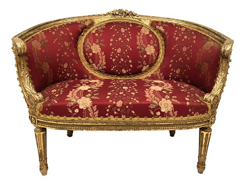 Louis XVI style living room set in gilded wood. Basket sofa and pair of armchairs