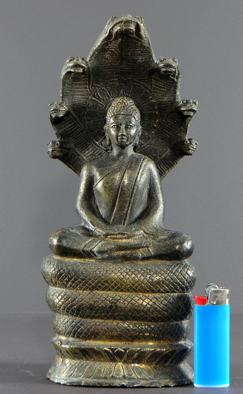 Thailand Or Burma, 1930s/1950s, Statue Of Buddha Under The Naga In Bronze.